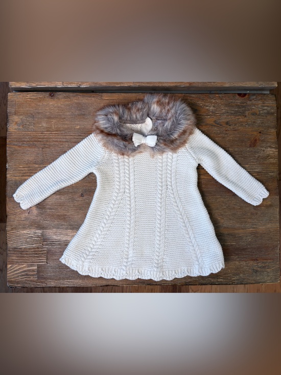 Tahari Other - Tahari Baby Cream Cable Knit Faux Fur Collar Dress Sweater Coat Bow 0-3M